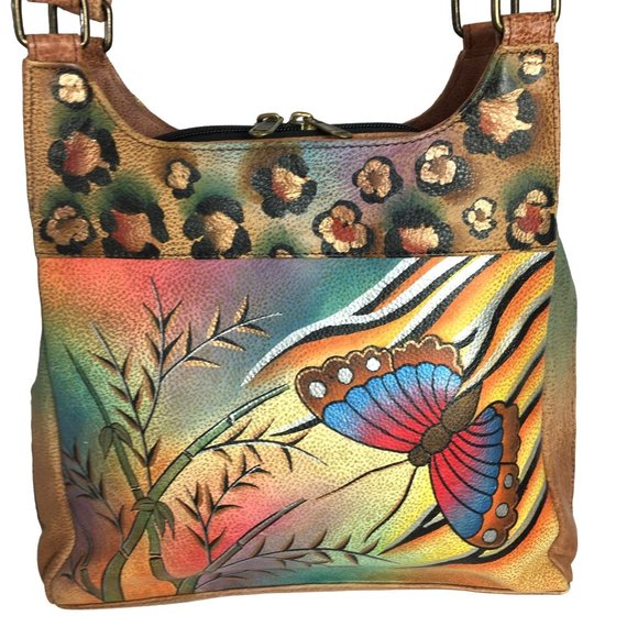 Anuschka NEVER USED Handpaint Leather Shoulder Bag Butterfly Animal - Picture 1 of 12